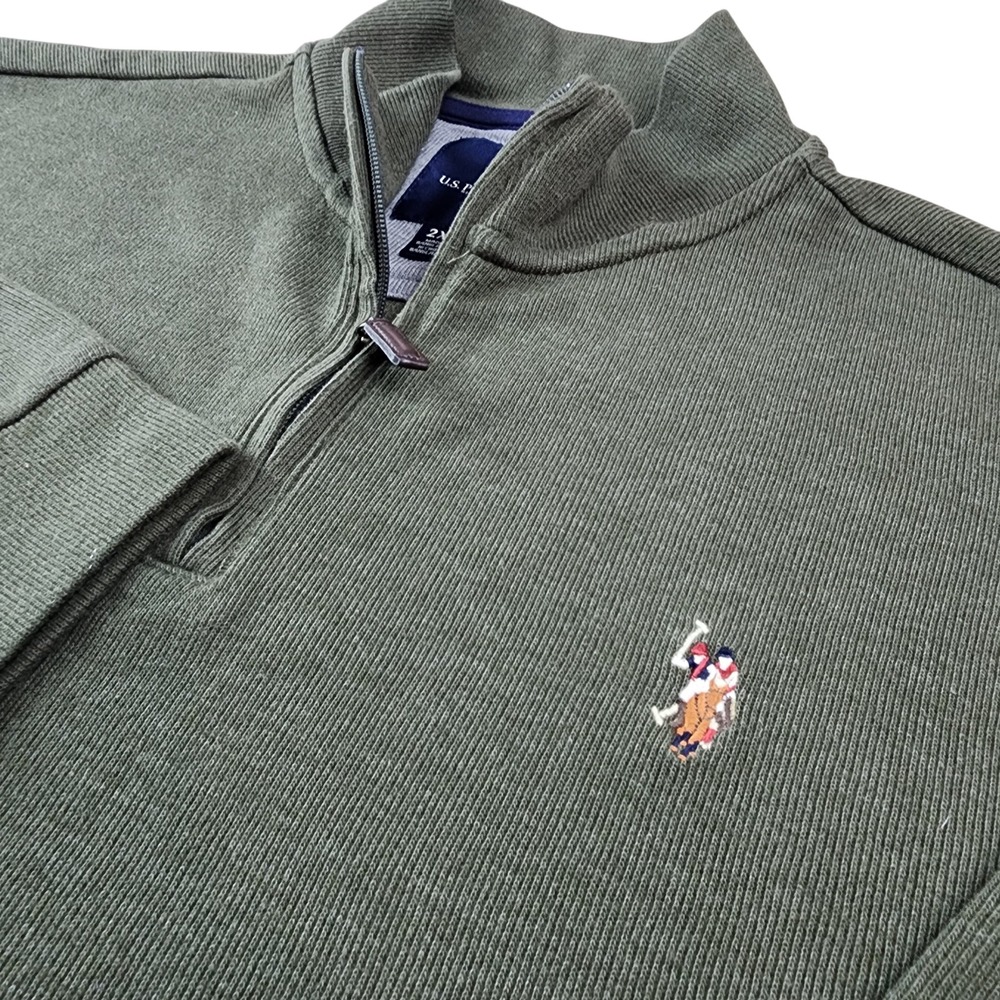 US Polo Assn Mens Quarter Zip Pullover XXL Sweater Flesh Pony Olive Green 2XL